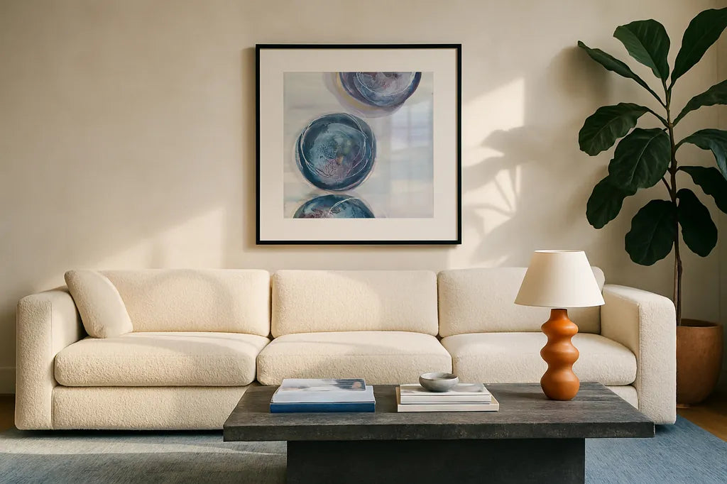 Starting Over II by Chris Paschke. Displayed in a glass frame with matte in a clean modern living room. Available as an archival giclee rolled canvas, fine art paper, or poster print. SKU 39577a.