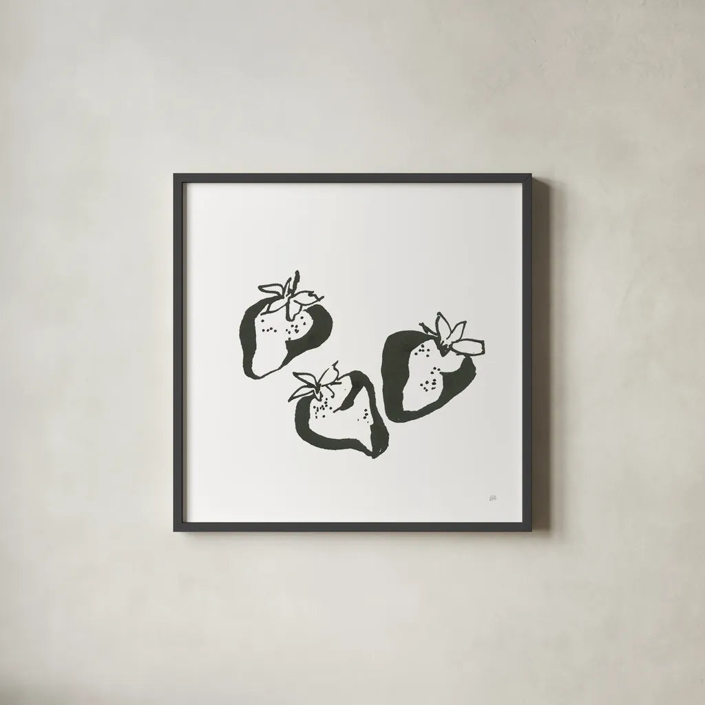Strawberries BW by Chris Paschke. Shown in a sleek black glass frame for a contemporary gallery look. Available as an archival giclee rolled canvas, fine art paper, or poster print. SKU 64225a.