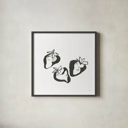 Strawberries BW by Chris Paschke. Shown in a sleek black glass frame for a contemporary gallery look. Available as an archival giclee rolled canvas, fine art paper, or poster print. SKU 64225a.