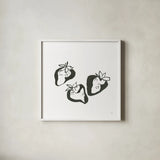 Strawberries BW by Chris Paschke. Shown in a crisp white glass frame for a clean and minimalist style. Available as an archival giclee rolled canvas, fine art paper, or poster print. SKU 64225a.