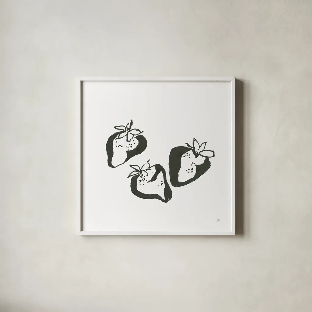 Strawberries BW by Chris Paschke. Shown in a crisp white glass frame for a clean and minimalist style. Available as an archival giclee rolled canvas, fine art paper, or poster print. SKU 64225a.