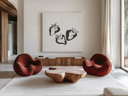 Strawberries BW by Chris Paschke. Shown as extra-large giant wall art in a modern living room. Available as an archival giclee rolled canvas, fine art paper, or poster print. SKU 64225a.
