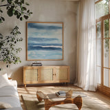 Stripes I by Chris Paschke. Shown in a natural wood frame in a cozy modern living room. Available as an archival giclee rolled canvas, fine art paper, or poster print. SKU 68197a.