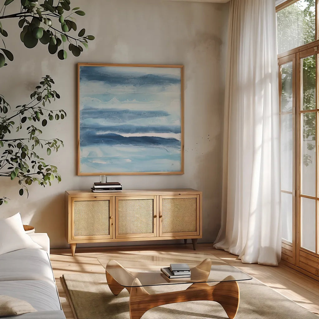 Stripes I by Chris Paschke. Shown in a natural wood frame in a cozy modern living room. Available as an archival giclee rolled canvas, fine art paper, or poster print. SKU 68197a.