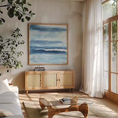 Stripes I by Chris Paschke. Shown in a natural wood frame in a cozy modern living room. Available as an archival giclee rolled canvas, fine art paper, or poster print. SKU 68197a.