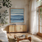 Stripes II by Chris Paschke. Shown in a natural wood frame in a cozy modern living room. Available as an archival giclee rolled canvas, fine art paper, or poster print. SKU 68198a.