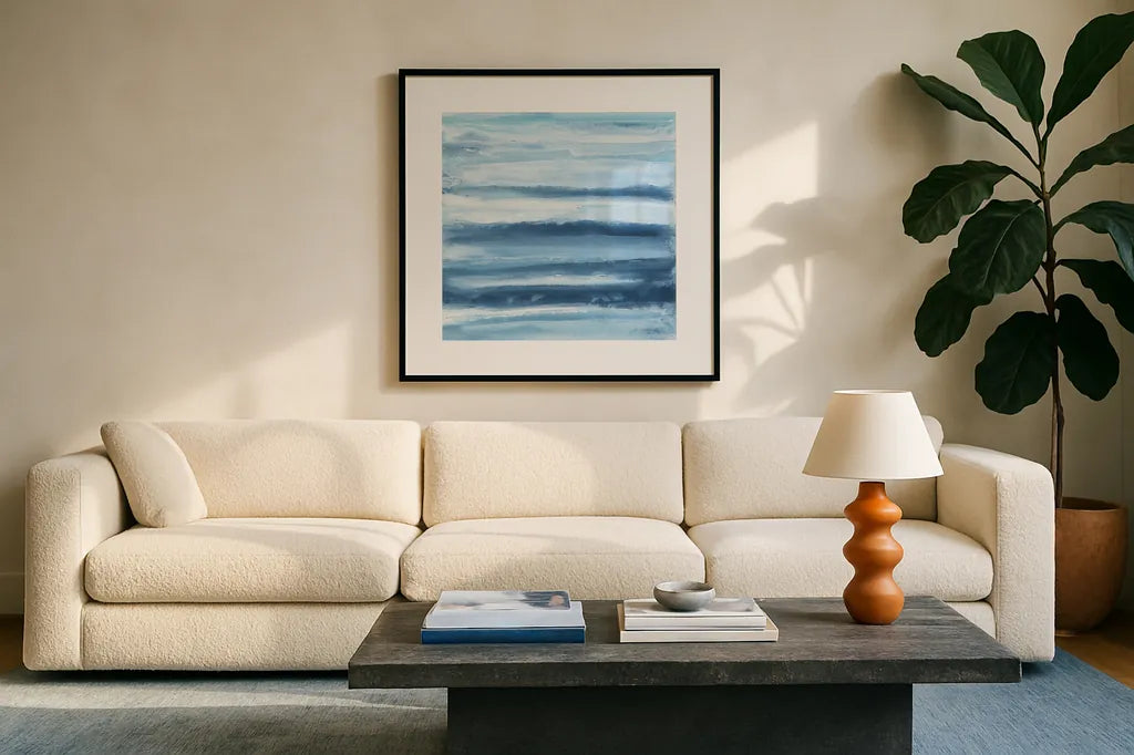 Stripes II by Chris Paschke. Displayed in a glass frame with matte in a clean modern living room. Available as an archival giclee rolled canvas, fine art paper, or poster print. SKU 68198a.