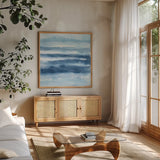 Stripes III by Chris Paschke. Shown in a natural wood frame in a cozy modern living room. Available as an archival giclee rolled canvas, fine art paper, or poster print. SKU 68199a.