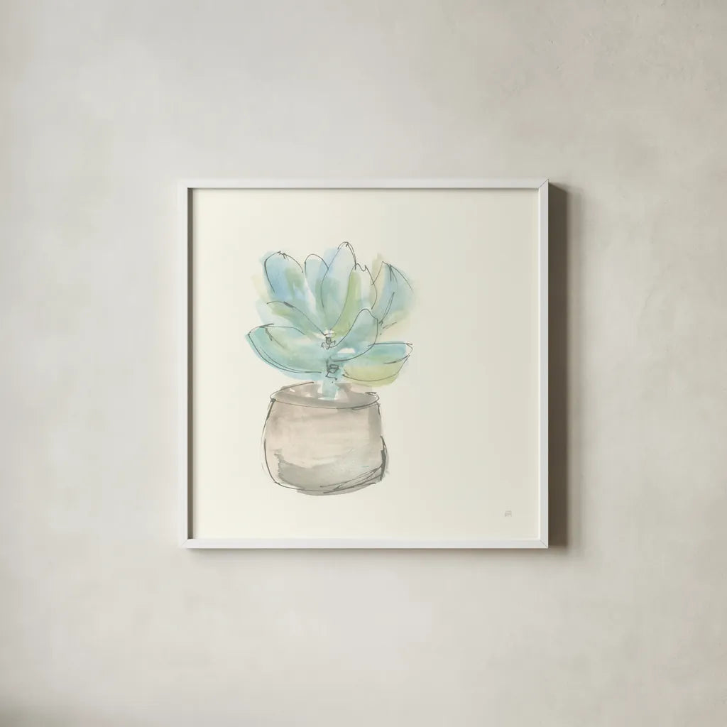 Succulent I by Chris Paschke. Shown in a crisp white glass frame for a clean and minimalist style. Available as an archival giclee rolled canvas, fine art paper, or poster print. SKU 55049a.