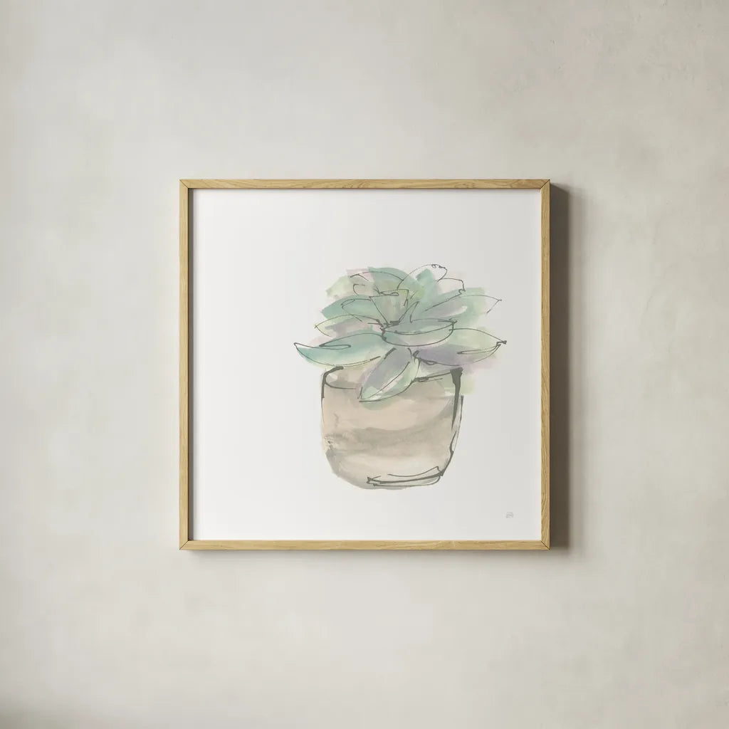 Succulent IV White by Chris Paschke. Shown in a natural wood glass frame for a timeless modern aesthetic. Available as an archival giclee rolled canvas, fine art paper, or poster print. SKU 59796a.