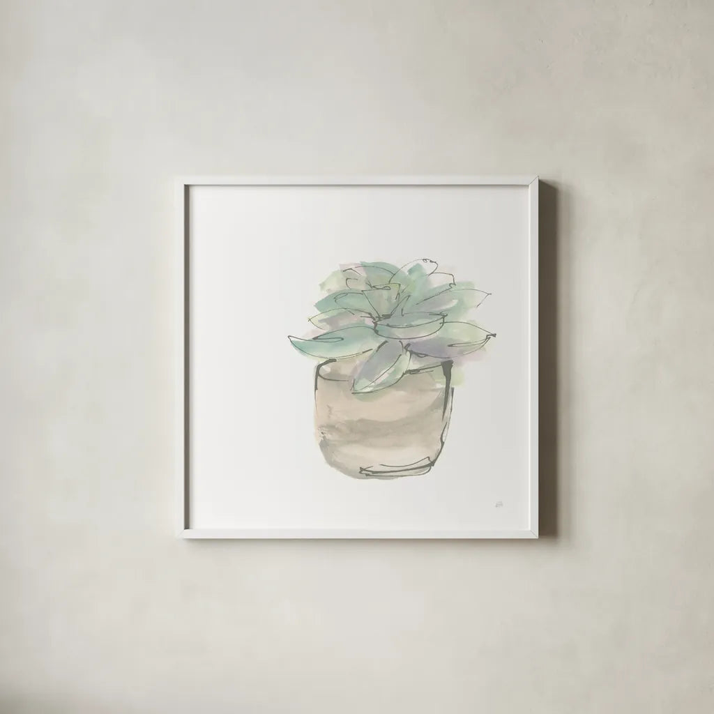 Succulent IV White by Chris Paschke. Shown in a crisp white glass frame for a clean and minimalist style. Available as an archival giclee rolled canvas, fine art paper, or poster print. SKU 59796a.