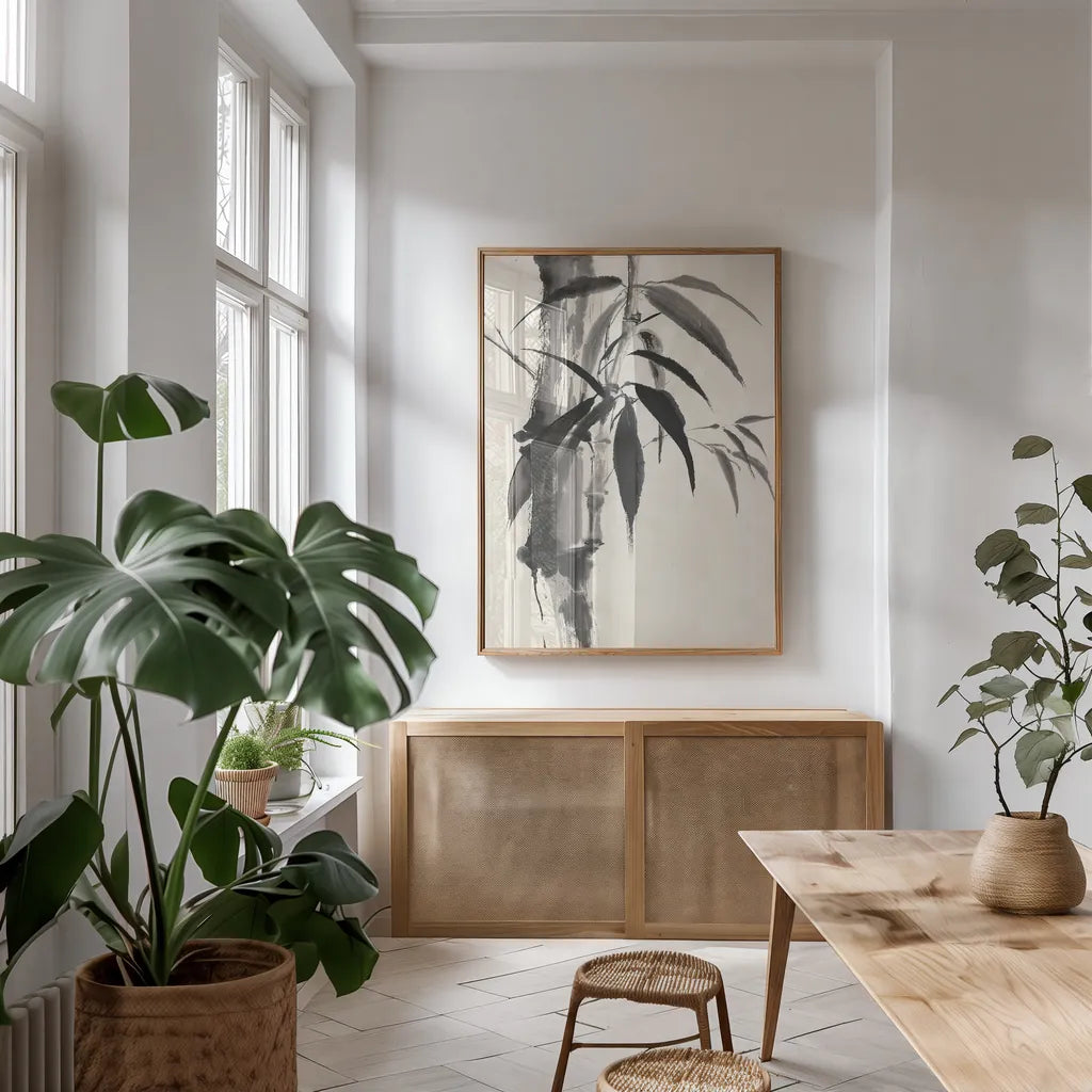 Sumi Bamboo Cream by Chris Paschke. shown as a print in a natural wood frame in a dining room. Available as a archival giclee rolled canvas, fine art paper, or poster print. SKU 30837h.