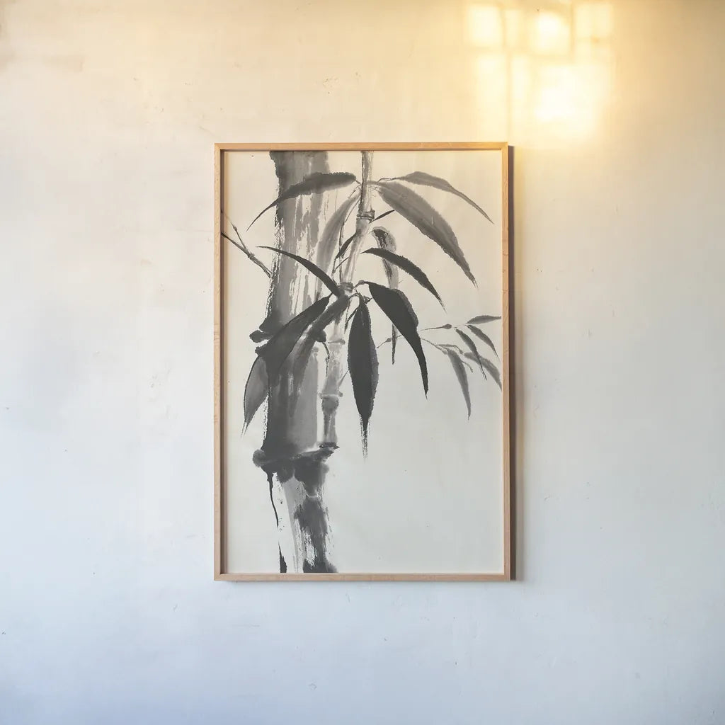 Sumi Bamboo Cream by Chris Paschke. shown as a paper print in a natural frame. Available as a archival giclee rolled canvas, fine art paper, or poster print. SKU 30837h.