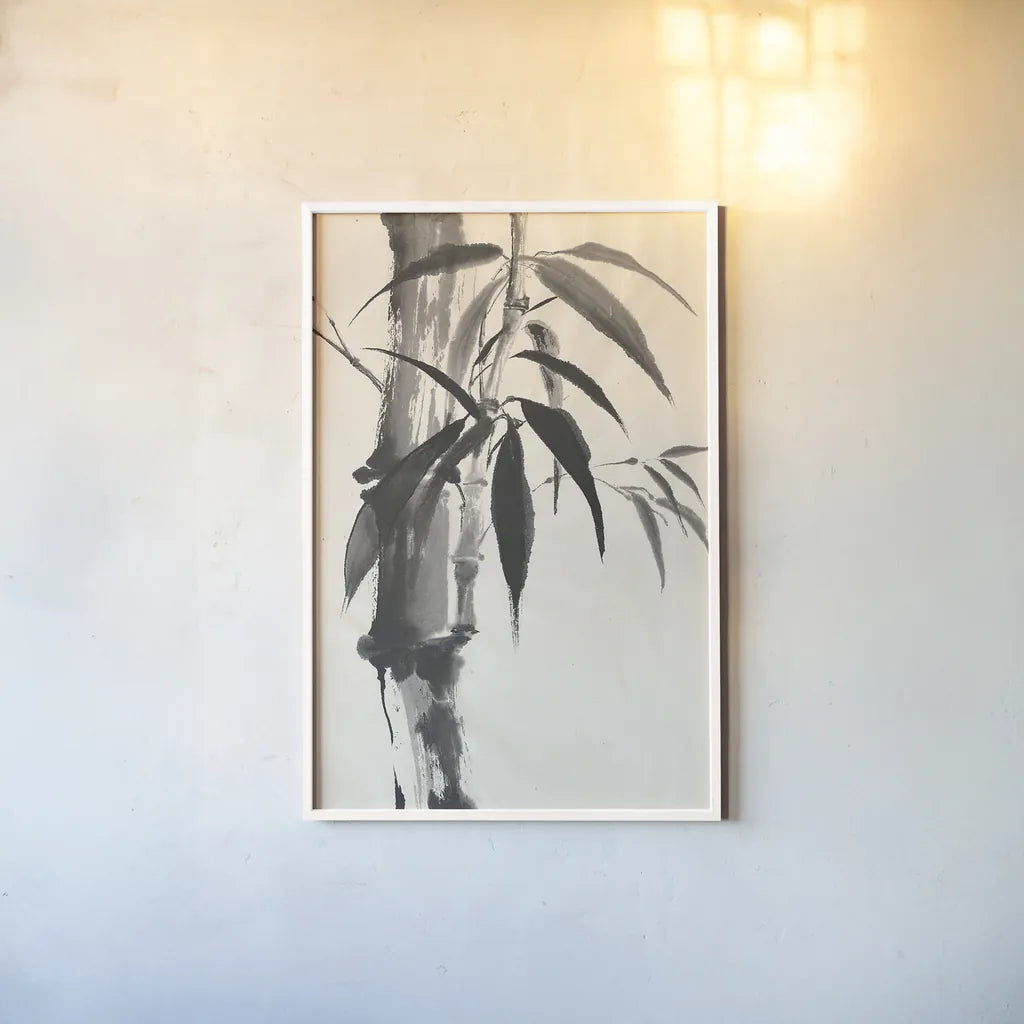 Sumi Bamboo Cream by Chris Paschke. shown as a paper print in a white frame. Available as a archival giclee rolled canvas, fine art paper, or poster print. SKU 30837h.