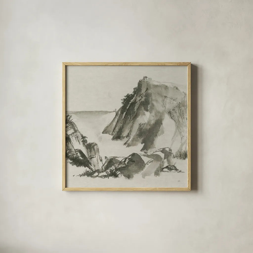 Sumi Rocks Cream by Chris Paschke. Shown in a natural wood glass frame for a timeless modern aesthetic. Available as an archival giclee rolled canvas, fine art paper, or poster print. SKU 30839a.