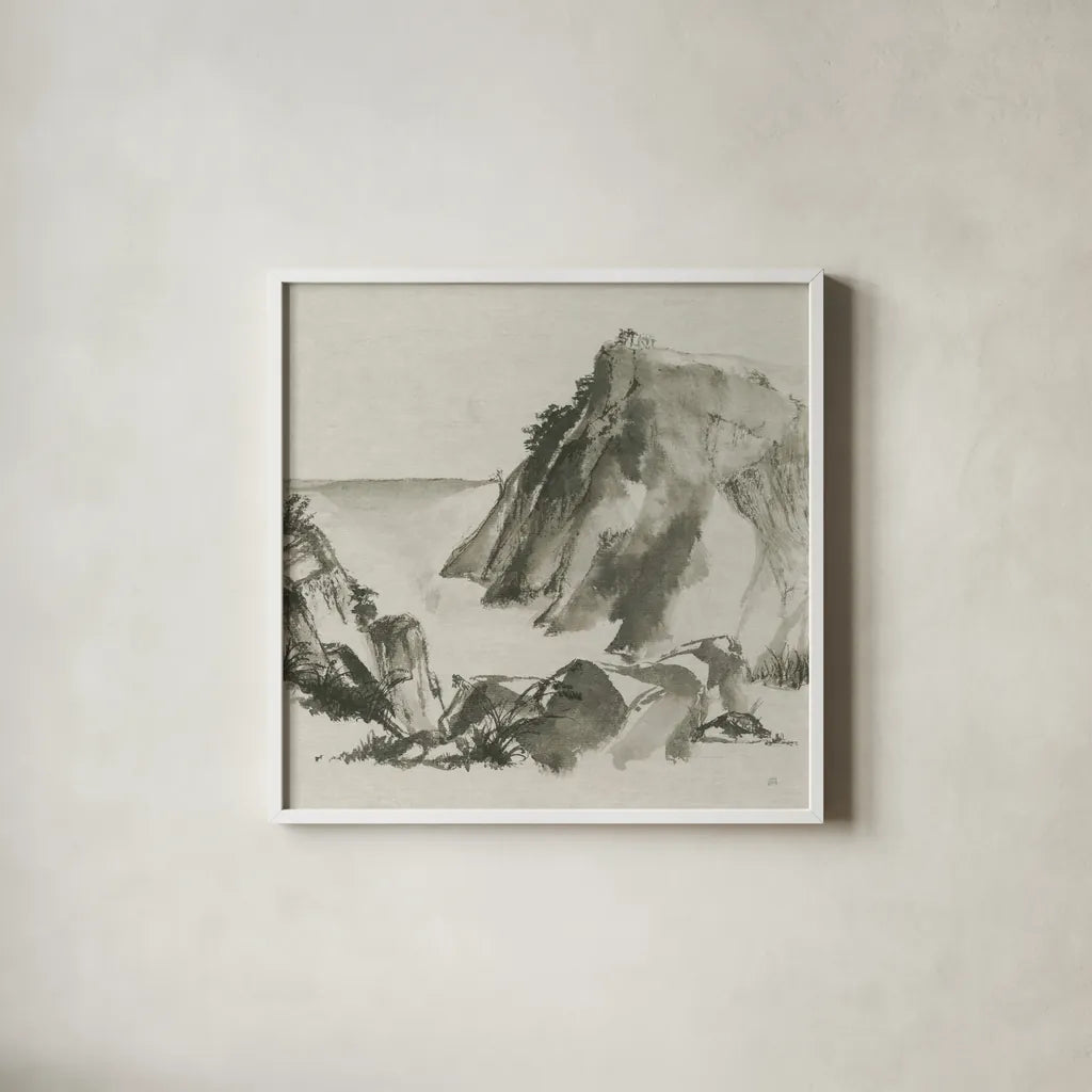 Sumi Rocks Cream by Chris Paschke. Shown in a crisp white glass frame for a clean and minimalist style. Available as an archival giclee rolled canvas, fine art paper, or poster print. SKU 30839a.