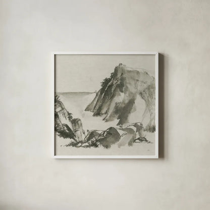 Sumi Rocks Cream by Chris Paschke. Shown in a crisp white glass frame for a clean and minimalist style. Available as an archival giclee rolled canvas, fine art paper, or poster print. SKU 30839a.