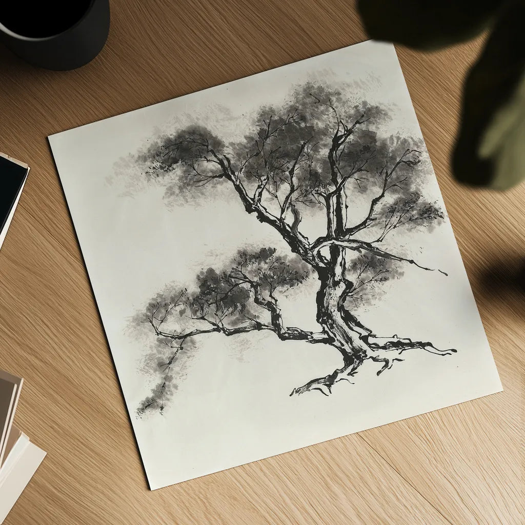 Sumi Tree II by Chris Paschke. Shown as a detailed flat fine art print, highlighting archival giclee quality. Available as an archival giclee rolled canvas, fine art paper, or poster print. SKU 25176a.