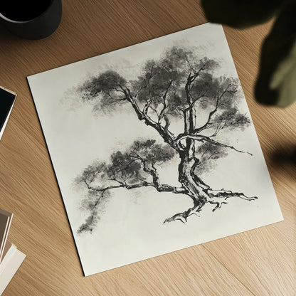 Sumi Tree II by Chris Paschke. Shown as a detailed flat fine art print, highlighting archival giclee quality. Available as an archival giclee rolled canvas, fine art paper, or poster print. SKU 25176a.