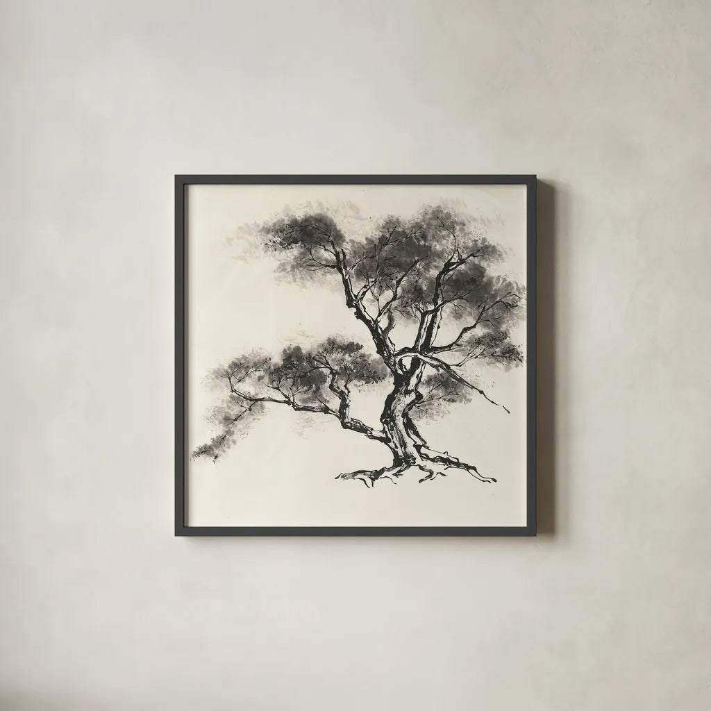 Sumi Tree II by Chris Paschke. Shown in a sleek black glass frame for a contemporary gallery look. Available as an archival giclee rolled canvas, fine art paper, or poster print. SKU 25176a.