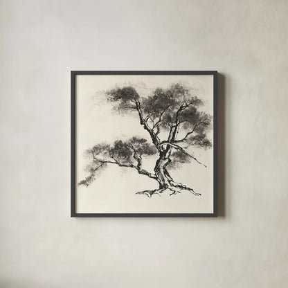 Sumi Tree II by Chris Paschke. Shown in a sleek black glass frame for a contemporary gallery look. Available as an archival giclee rolled canvas, fine art paper, or poster print. SKU 25176a.