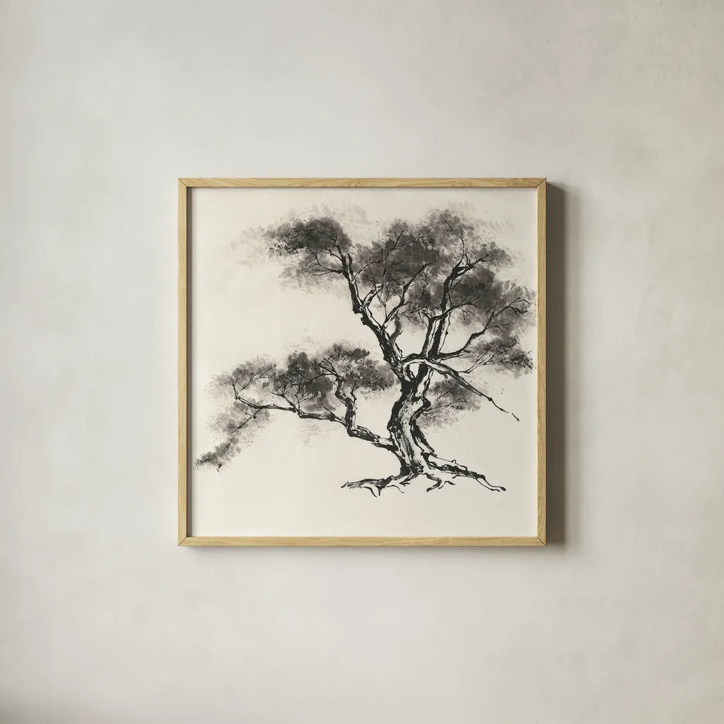 Sumi Tree II by Chris Paschke. Shown in a natural wood glass frame for a timeless modern aesthetic. Available as an archival giclee rolled canvas, fine art paper, or poster print. SKU 25176a.