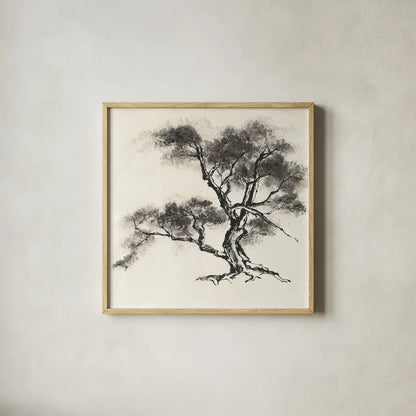 Sumi Tree II by Chris Paschke. Shown in a natural wood glass frame for a timeless modern aesthetic. Available as an archival giclee rolled canvas, fine art paper, or poster print. SKU 25176a.
