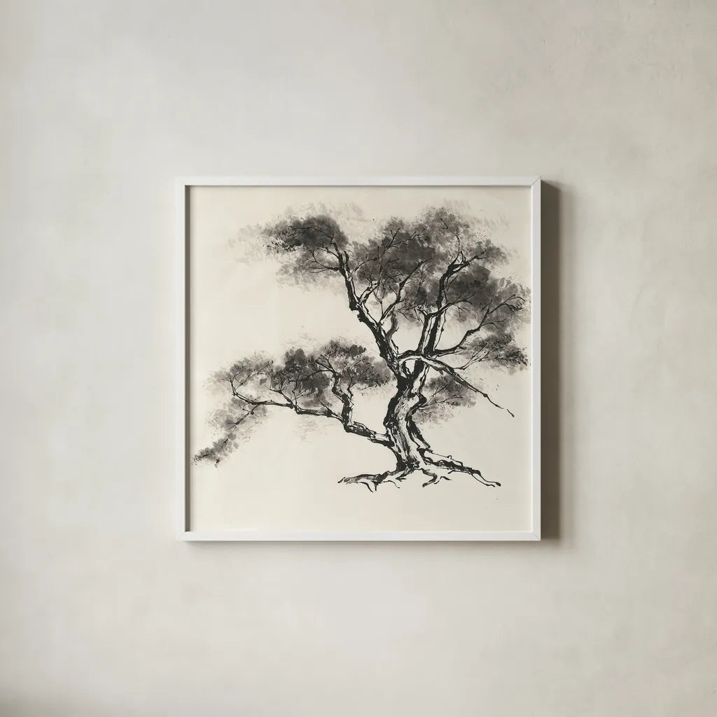 Sumi Tree II by Chris Paschke. Shown in a crisp white glass frame for a clean and minimalist style. Available as an archival giclee rolled canvas, fine art paper, or poster print. SKU 25176a.