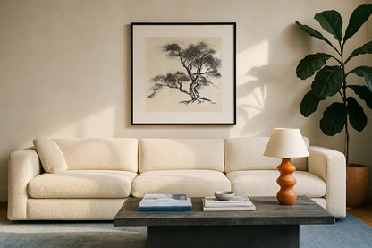 Sumi Tree II by Chris Paschke. Displayed in a glass frame with matte in a clean modern living room. Available as an archival giclee rolled canvas, fine art paper, or poster print. SKU 25176a.