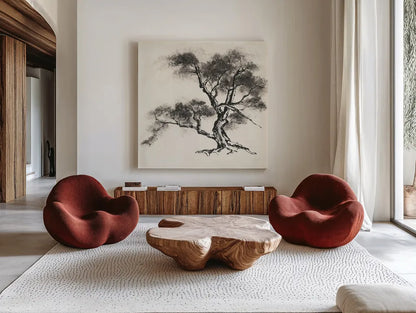 Sumi Tree II by Chris Paschke. Shown as extra-large giant wall art in a modern living room. Available as an archival giclee rolled canvas, fine art paper, or poster print. SKU 25176a.