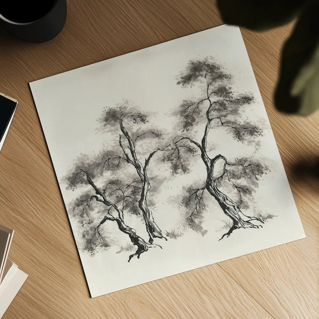 Sumi Tree III by Chris Paschke. Shown as a detailed flat fine art print, highlighting archival giclee quality. Available as an archival giclee rolled canvas, fine art paper, or poster print. SKU 25177a.