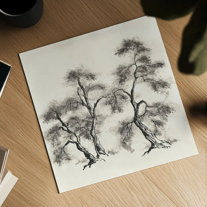 Sumi Tree III by Chris Paschke. Shown as a detailed flat fine art print, highlighting archival giclee quality. Available as an archival giclee rolled canvas, fine art paper, or poster print. SKU 25177a.