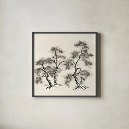 Sumi Tree III by Chris Paschke. Shown in a sleek black glass frame for a contemporary gallery look. Available as an archival giclee rolled canvas, fine art paper, or poster print. SKU 25177a.