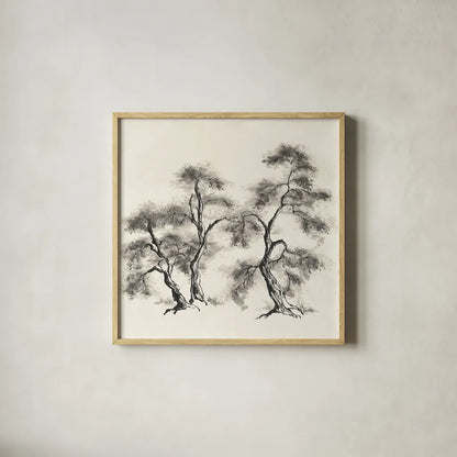 Sumi Tree III by Chris Paschke. Shown in a natural wood glass frame for a timeless modern aesthetic. Available as an archival giclee rolled canvas, fine art paper, or poster print. SKU 25177a.