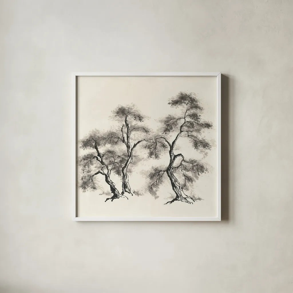 Sumi Tree III by Chris Paschke. Shown in a crisp white glass frame for a clean and minimalist style. Available as an archival giclee rolled canvas, fine art paper, or poster print. SKU 25177a.