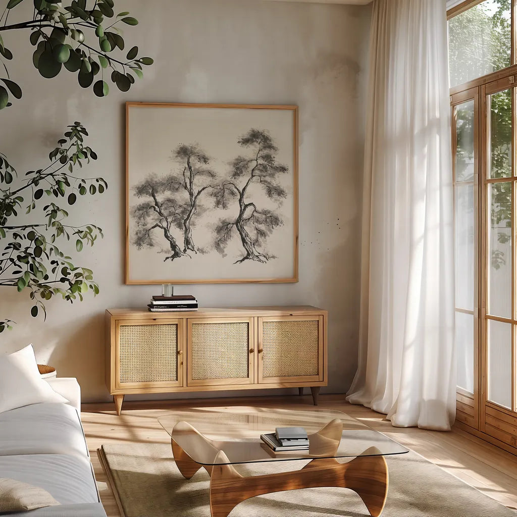 Sumi Tree III by Chris Paschke. Shown in a natural wood frame in a cozy modern living room. Available as an archival giclee rolled canvas, fine art paper, or poster print. SKU 25177a.