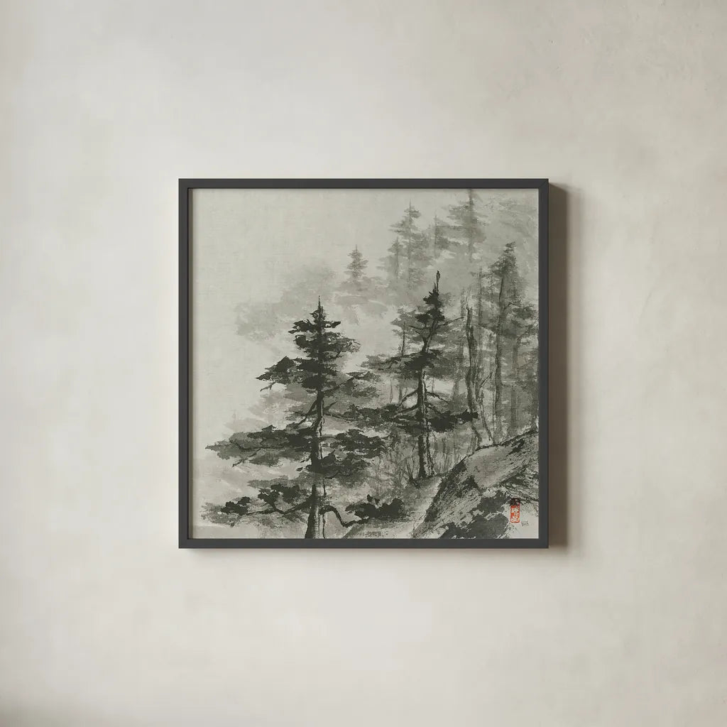 Sumi Treetops Sq by Chris Paschke. Shown in a sleek black glass frame for a contemporary gallery look. Available as an archival giclee rolled canvas, fine art paper, or poster print. SKU 25171a.