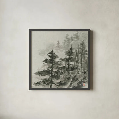 Sumi Treetops Sq by Chris Paschke. Shown in a sleek black glass frame for a contemporary gallery look. Available as an archival giclee rolled canvas, fine art paper, or poster print. SKU 25171a.