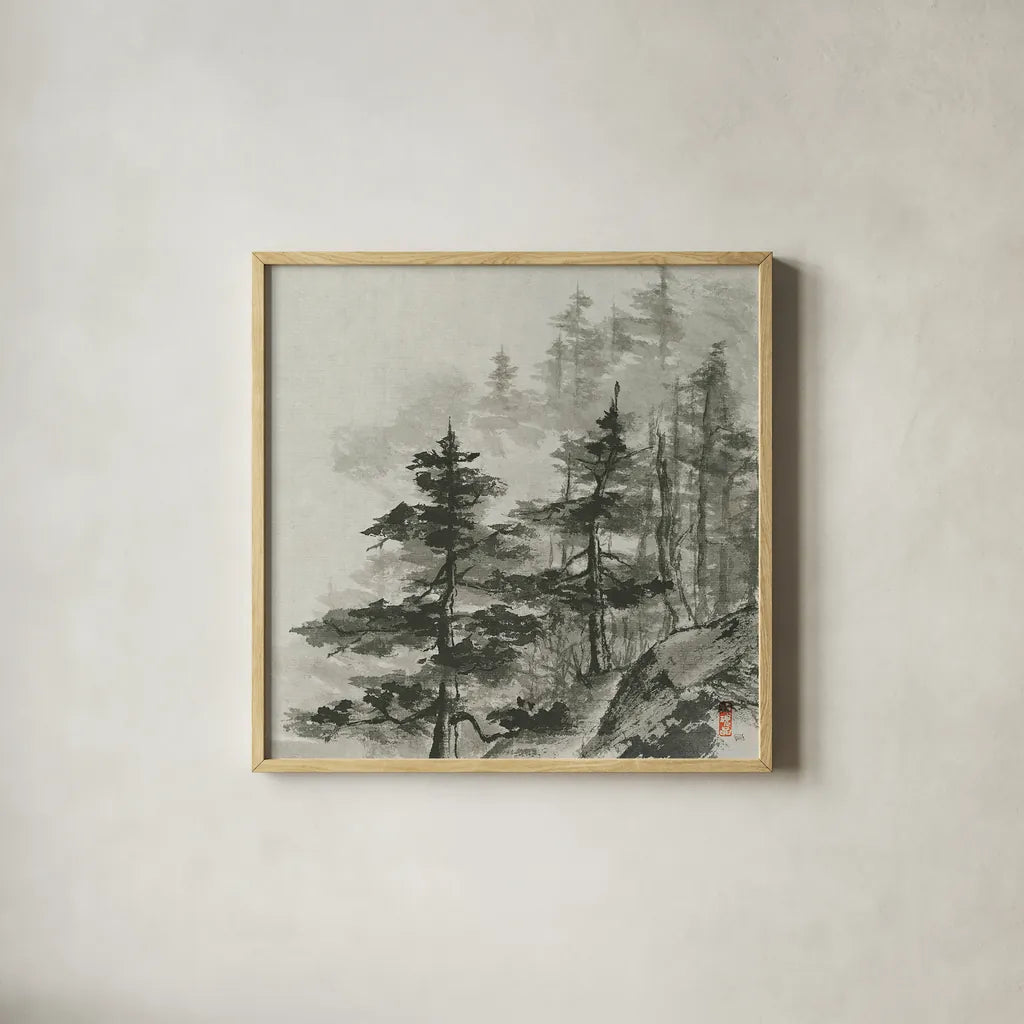 Sumi Treetops Sq by Chris Paschke. Shown in a natural wood glass frame for a timeless modern aesthetic. Available as an archival giclee rolled canvas, fine art paper, or poster print. SKU 25171a.