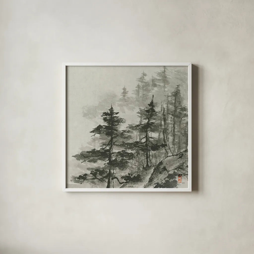 Sumi Treetops Sq by Chris Paschke. Shown in a crisp white glass frame for a clean and minimalist style. Available as an archival giclee rolled canvas, fine art paper, or poster print. SKU 25171a.