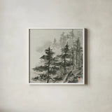 Sumi Treetops Sq by Chris Paschke. Shown in a crisp white glass frame for a clean and minimalist style. Available as an archival giclee rolled canvas, fine art paper, or poster print. SKU 25171a.