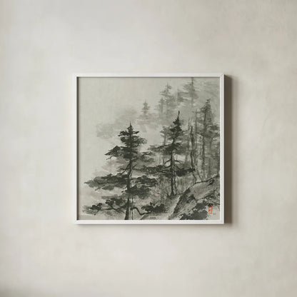 Sumi Treetops Sq by Chris Paschke. Shown in a crisp white glass frame for a clean and minimalist style. Available as an archival giclee rolled canvas, fine art paper, or poster print. SKU 25171a.
