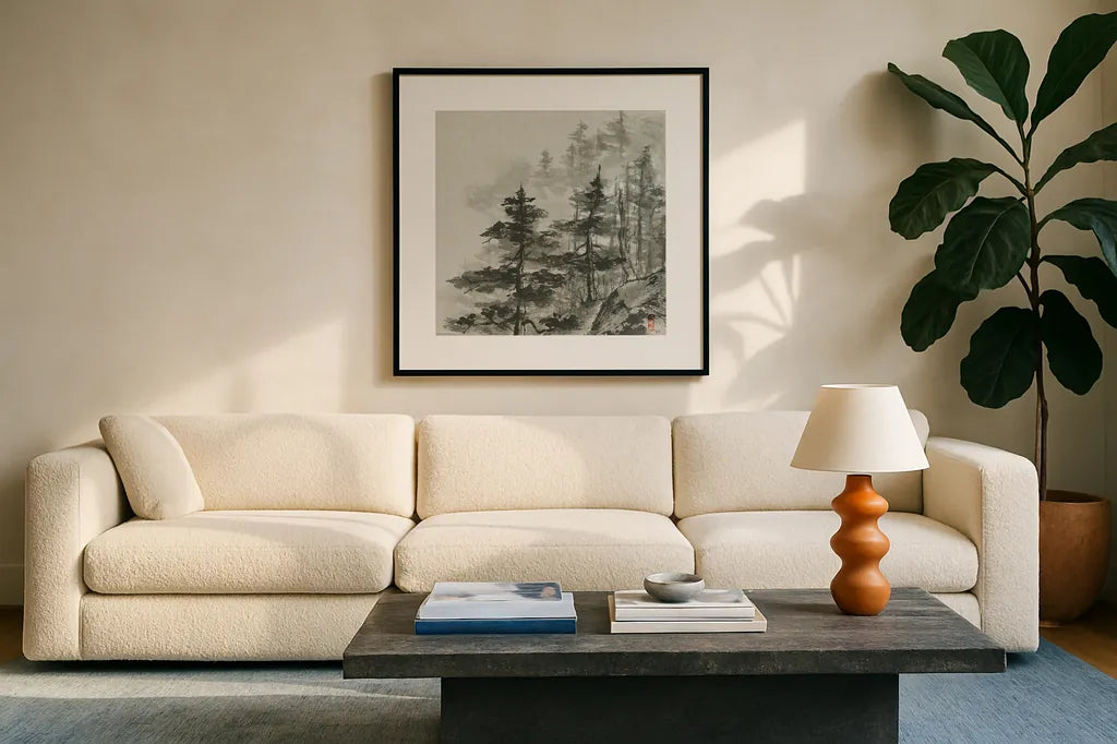 Sumi Treetops Sq by Chris Paschke. Displayed in a glass frame with matte in a clean modern living room. Available as an archival giclee rolled canvas, fine art paper, or poster print. SKU 25171a.