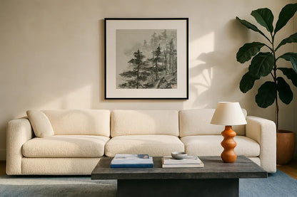 Sumi Treetops Sq by Chris Paschke. Displayed in a glass frame with matte in a clean modern living room. Available as an archival giclee rolled canvas, fine art paper, or poster print. SKU 25171a.