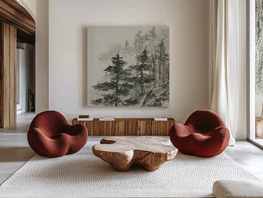 Sumi Treetops Sq by Chris Paschke. Shown as extra-large giant wall art in a modern living room. Available as an archival giclee rolled canvas, fine art paper, or poster print. SKU 25171a.