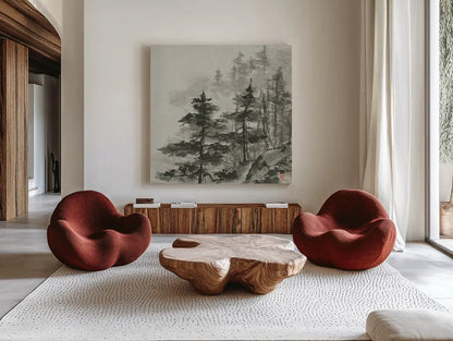 Sumi Treetops Sq by Chris Paschke. Shown as extra-large giant wall art in a modern living room. Available as an archival giclee rolled canvas, fine art paper, or poster print. SKU 25171a.
