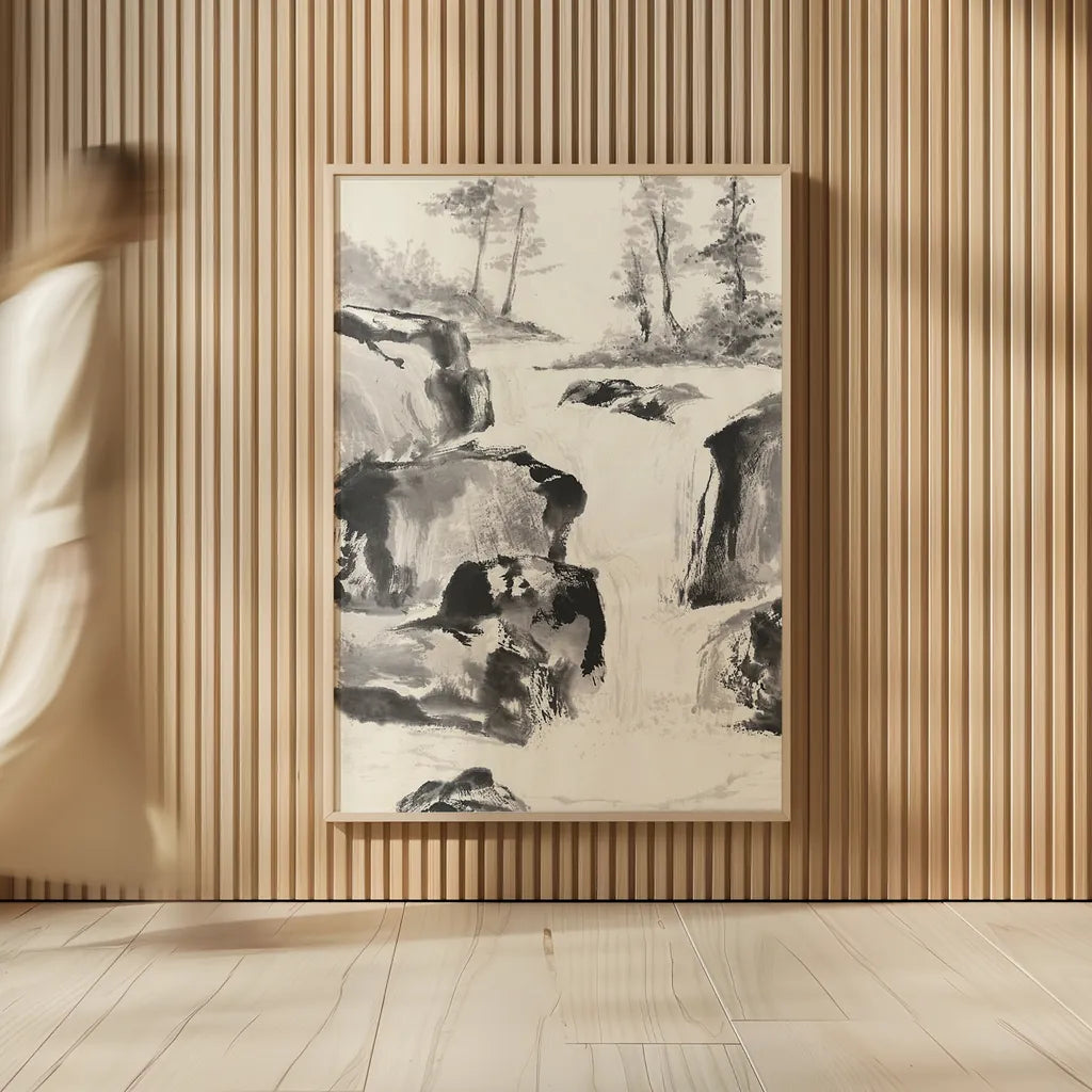 Sumi Waterfall II by Chris Paschke. shown as over sized large wall art. Available as an archival giclee rolled canvas, fine art paper, or poster print. SKU 24319h.