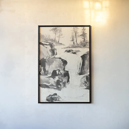 Sumi Waterfall II by Chris Paschke. shown as a paper print in a black flame. Available as a archival giclee rolled canvas, fine art paper, or poster print. SKU 24319h.
