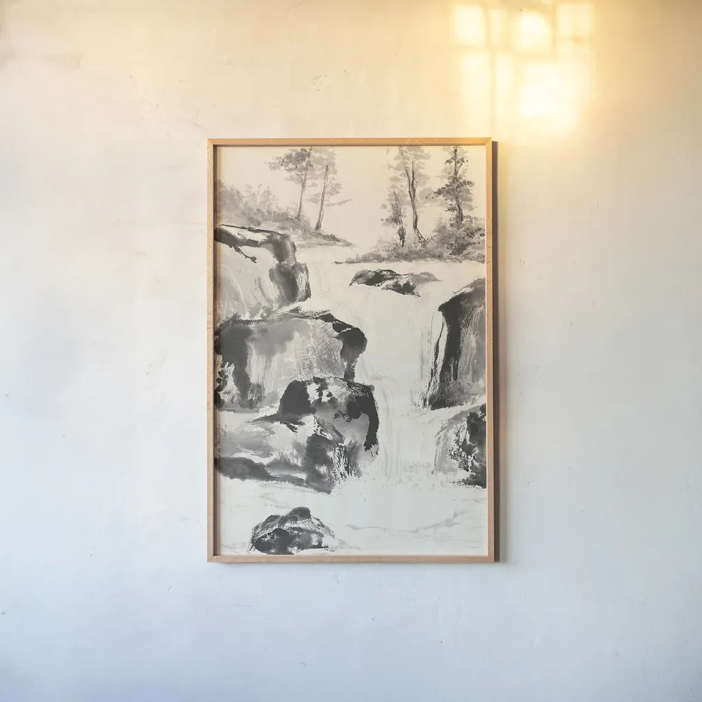 Sumi Waterfall II by Chris Paschke. shown as a paper print in a natural frame. Available as a archival giclee rolled canvas, fine art paper, or poster print. SKU 24319h.
