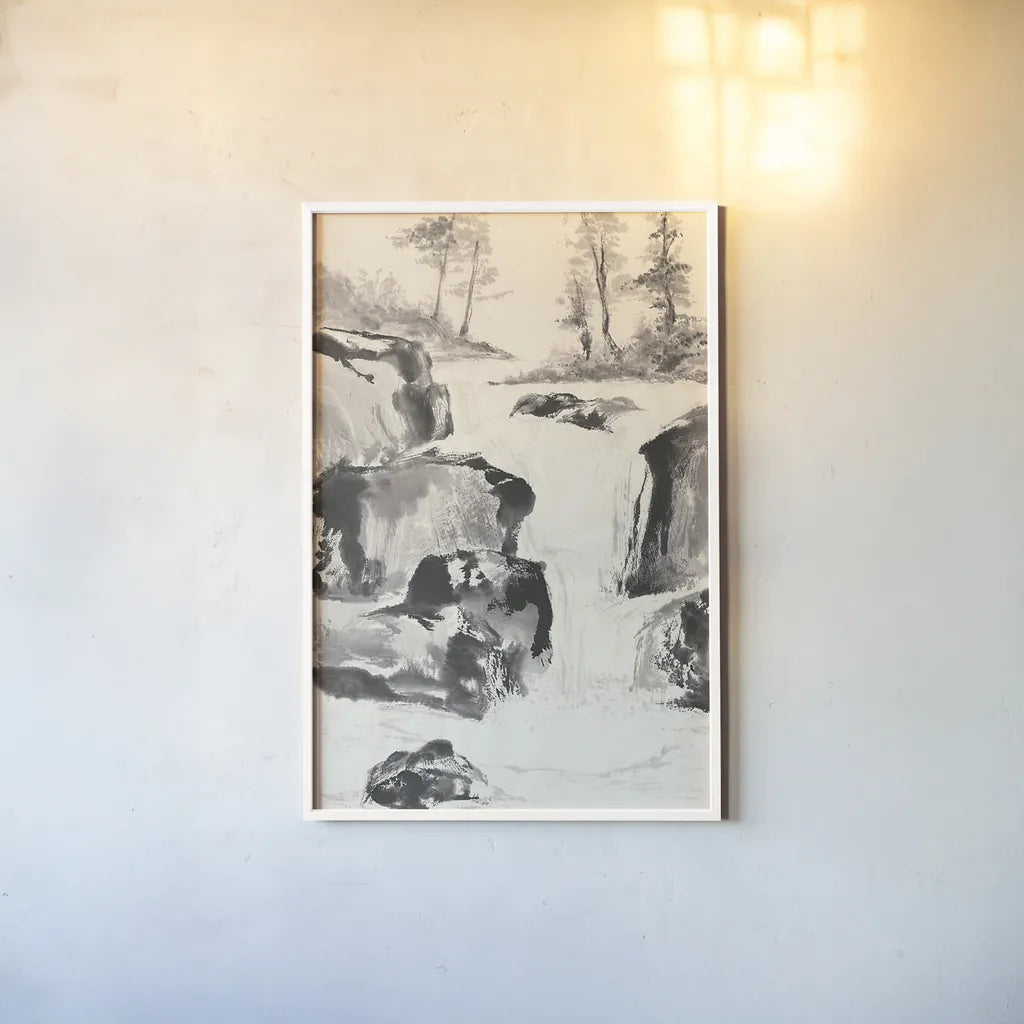 Sumi Waterfall II by Chris Paschke. shown as a paper print in a white frame. Available as a archival giclee rolled canvas, fine art paper, or poster print. SKU 24319h.